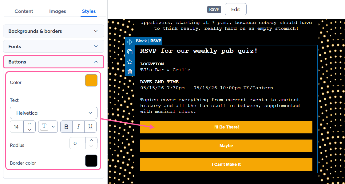 Styles tab with Buttons style options