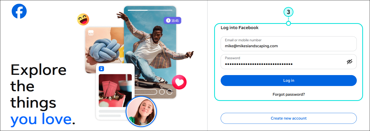 Facebook login page with user name field, Password field, and Log in button