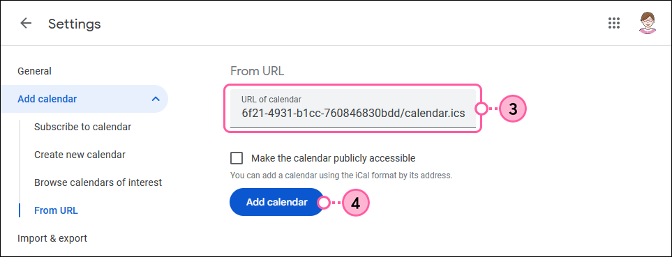 Google Calendar Settings, Add calendar section, From URL section and URL of calendar field, and Add Calendar button