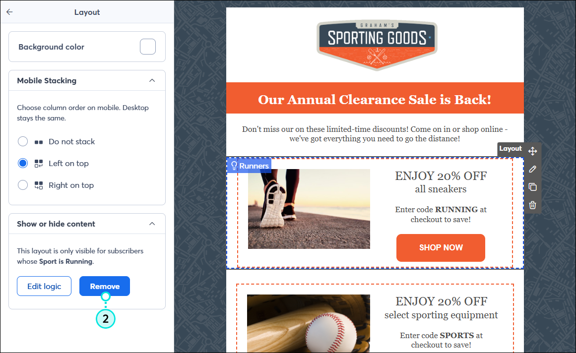 Dynamic Content Layout panel with Remove button