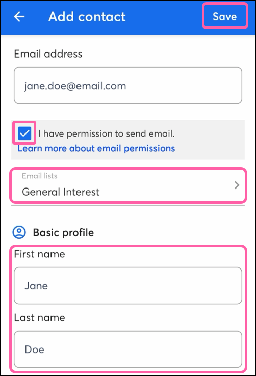 Add Contact form with permissions checkbox, list selection menu, and save button in the top right corner