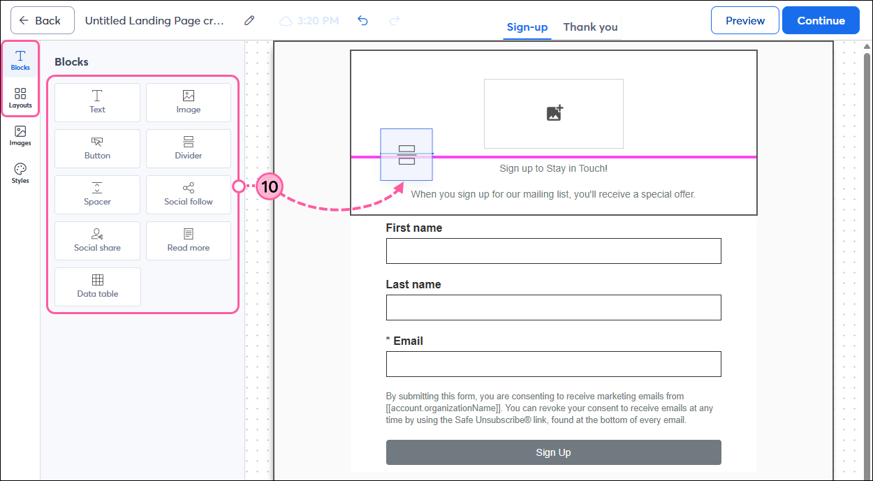 Landing Page editor with Blocks panel and Layouts panel option
