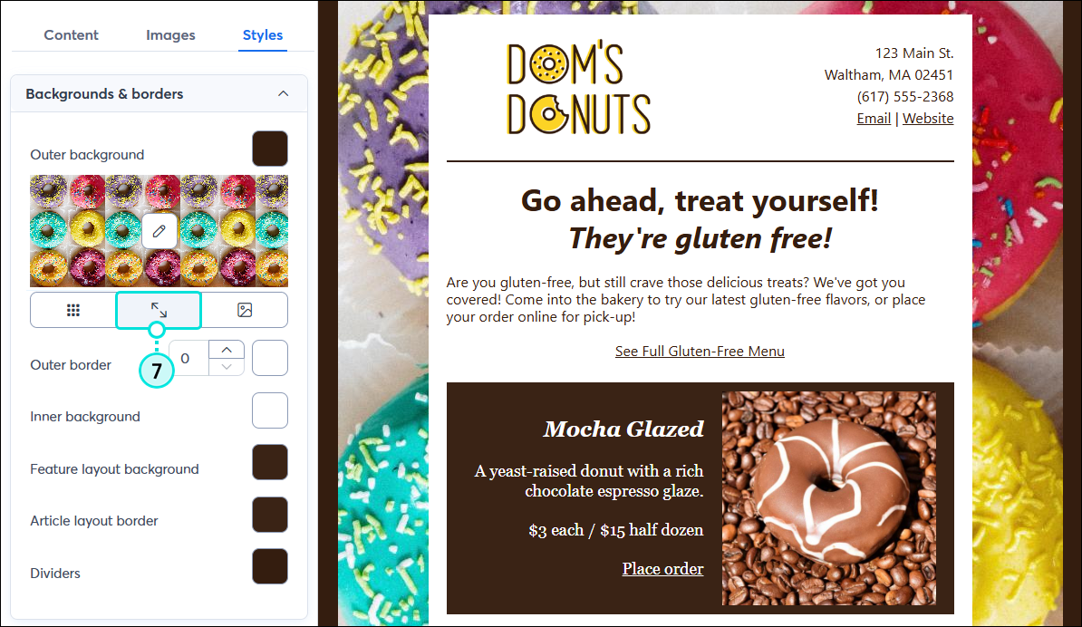 Email Styles tab, Backgrounds and Borders section expanded, custom outer background selected, and Center icon