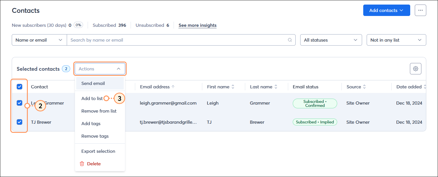 Contacts page with Not in any list filter selected with results, contacts selected and Actions drop-down menu expanded with Add to list option selected
