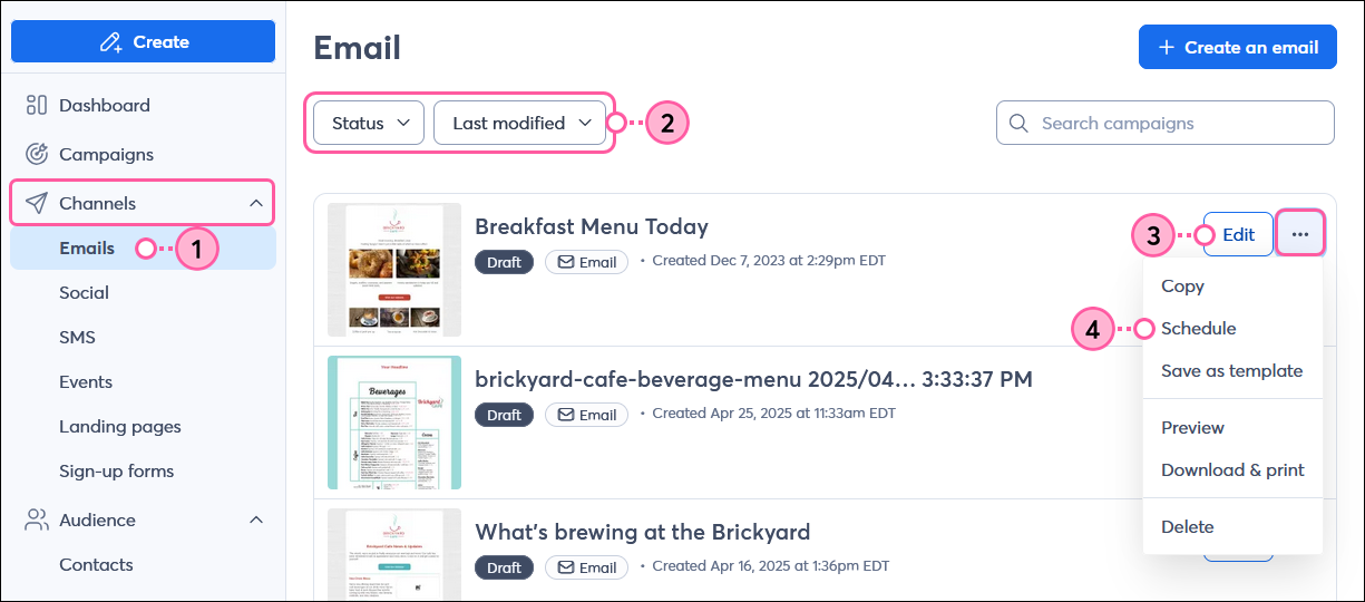 Channels menu expanded and Email option selected, Email dashboard with Status drop-down menu and Draft option selected, and email draft menu expanded and Schedule option selected