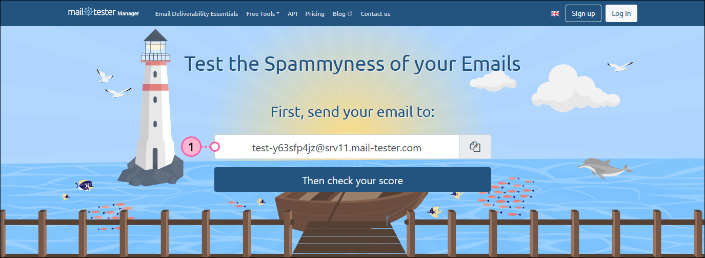 Mail-tester spam test with email address field and Then check your score button