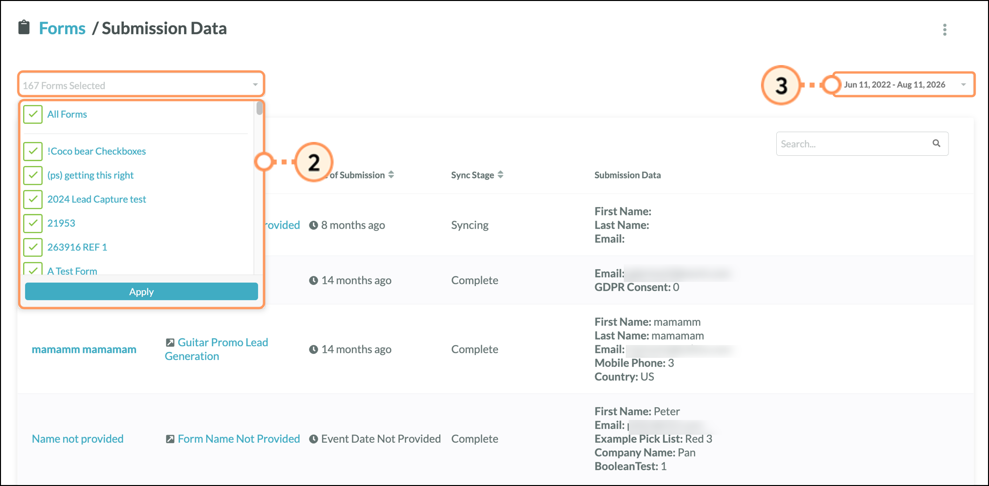 Submission Data form mane and data filter dropdown menus