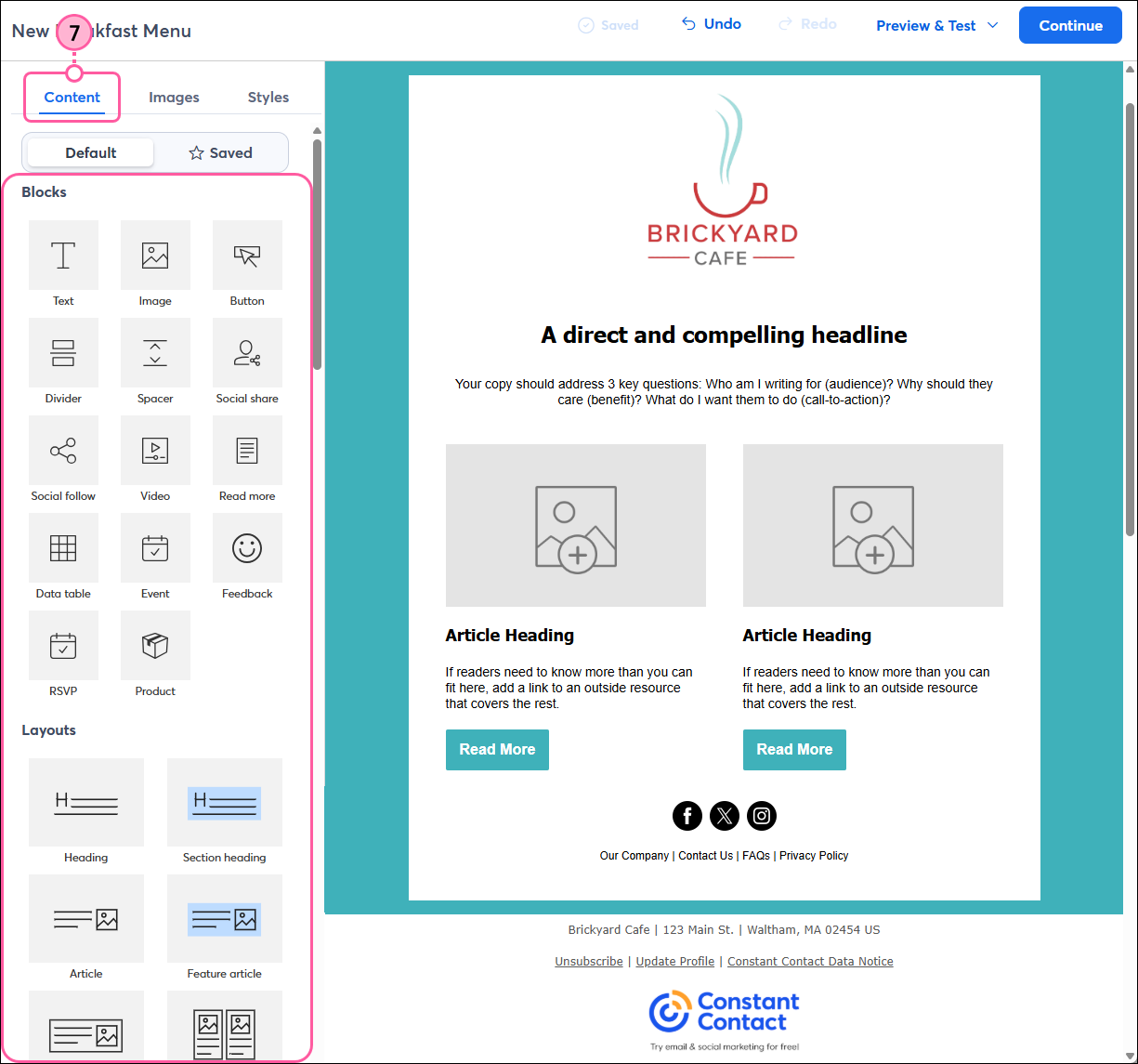 Email editor with Content tab selected