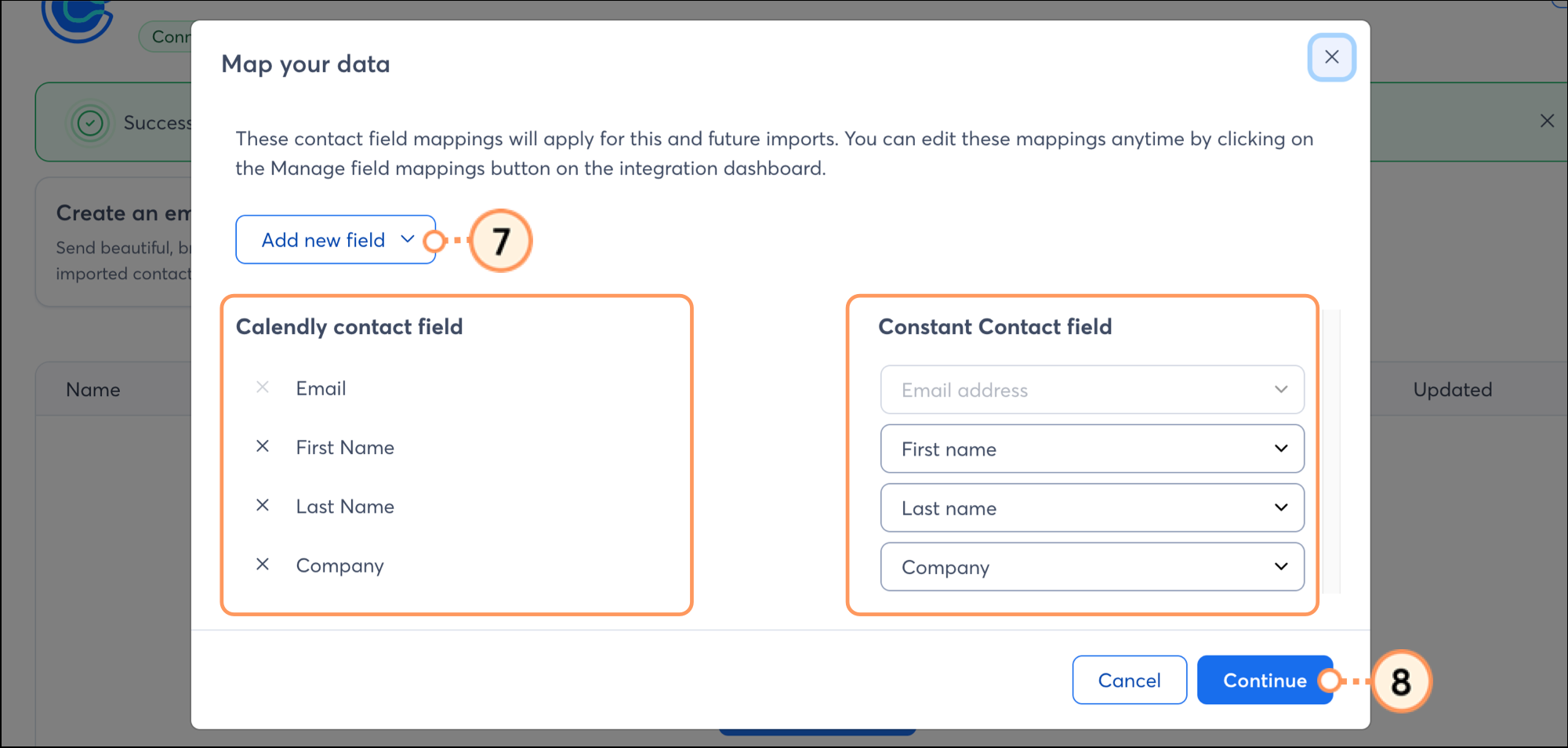 Add New Data field, rows of fields for Calendly and Constant Contact, and a blue Continue button