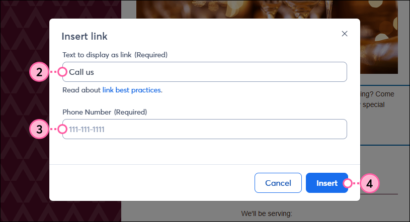 Insert Link pop-up with Text to Display as Link and Phone Number fields, and Insert button