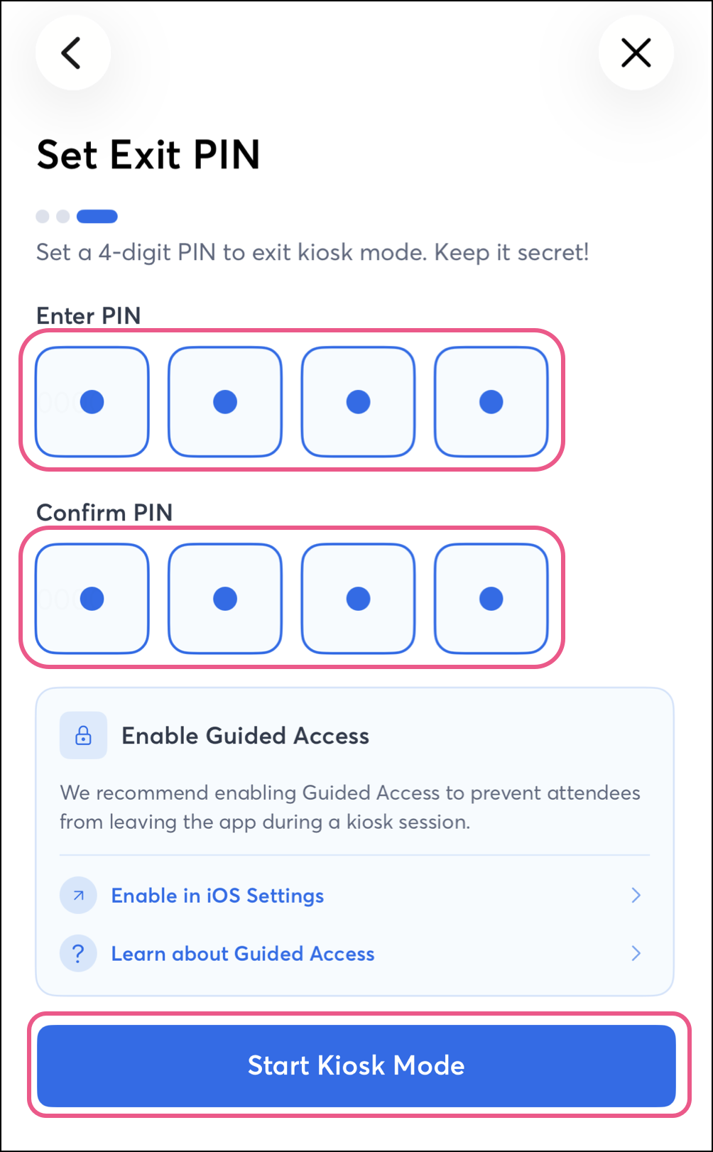 Exit PIN fields, Re-enter Exit PIN field, and Start Kiosk Mode button