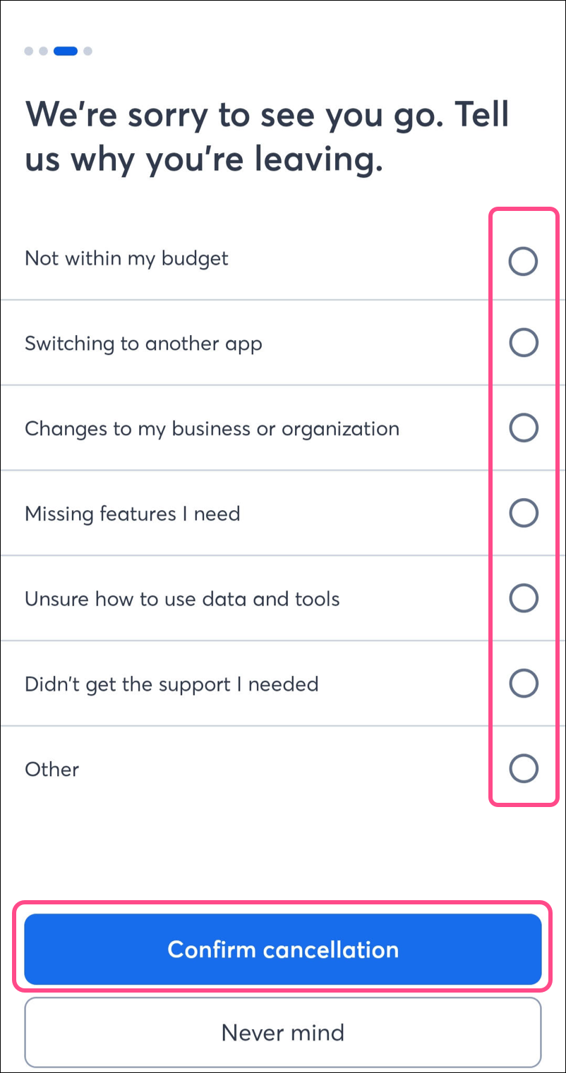 Radio buttons next to various reasons for the cancellation and a blue Confirm cancellation button
