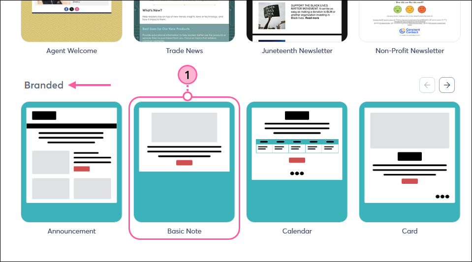 Template page with Branded section and branded template selected