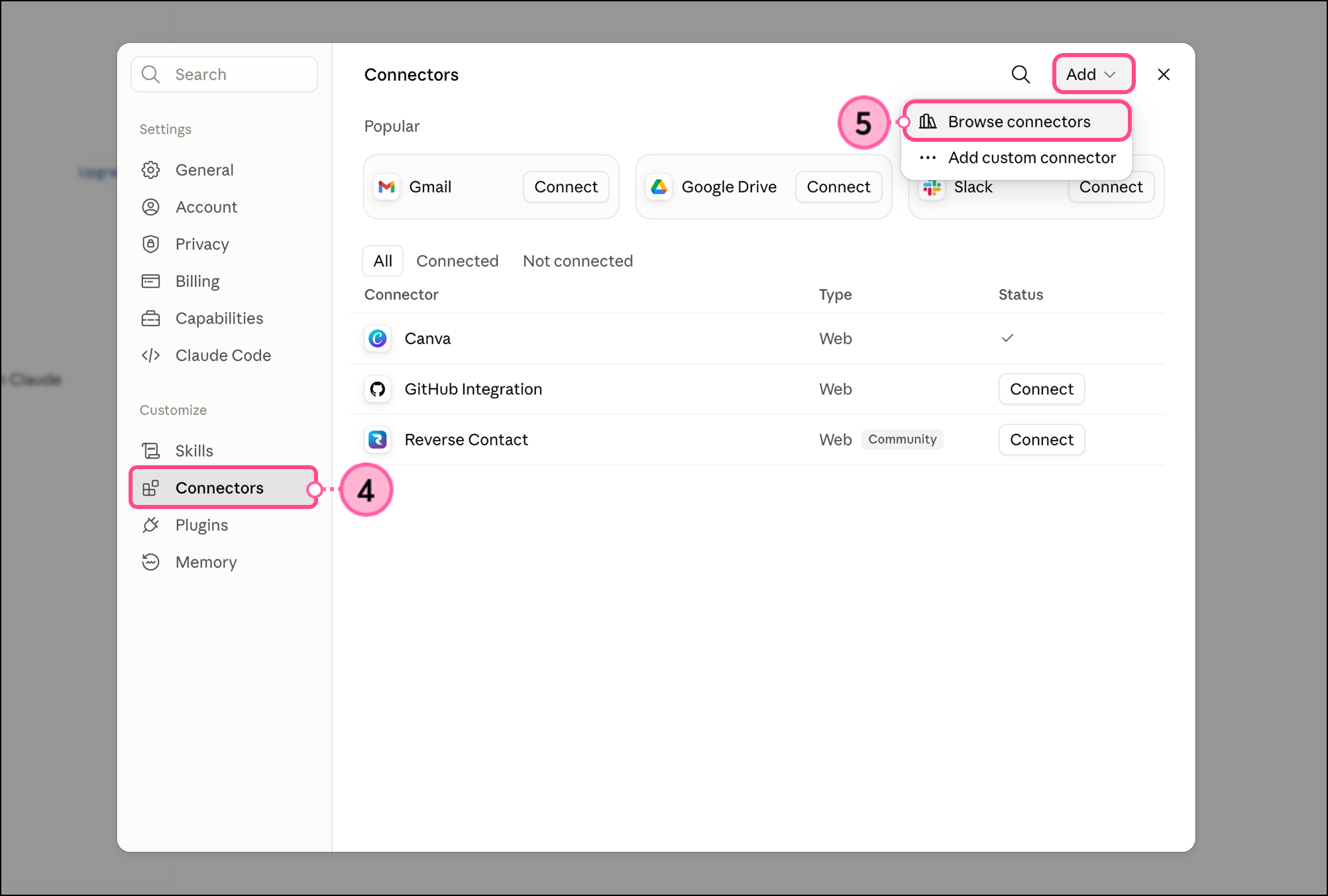 Browse connectors option in the expanded Add menu in the Connectors section