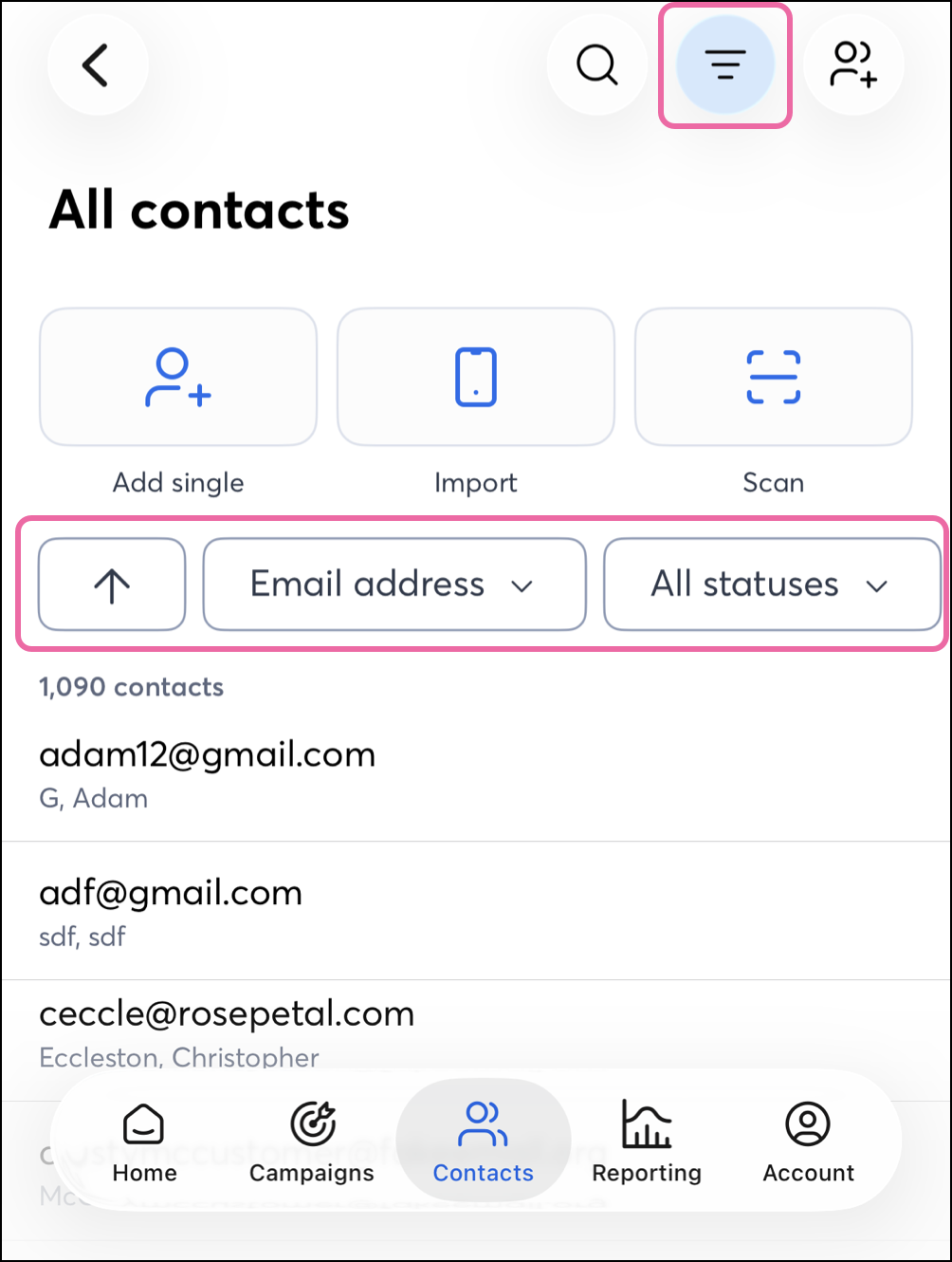 Filter button revealing filter options