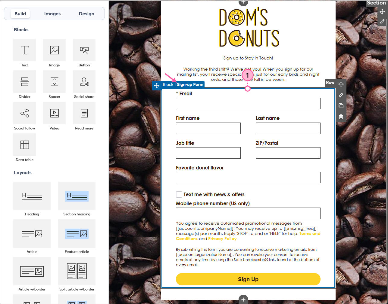 Landing page editor with Sign-up Form block selected
