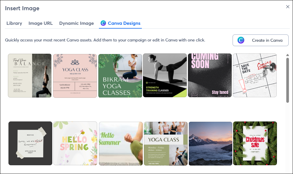 Insert Image pop-up in email editor with Canva Designs tab open
