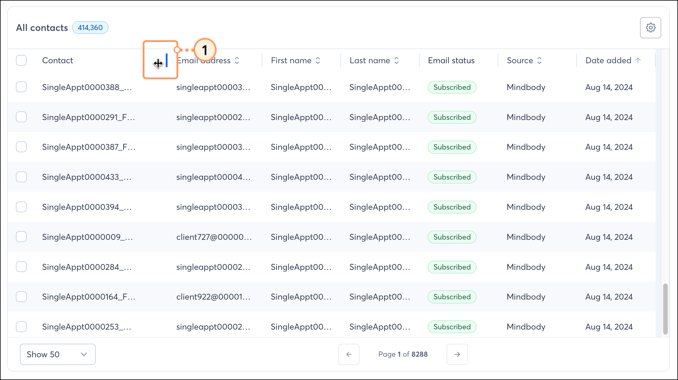 hovering over header column divider blue highlight appears