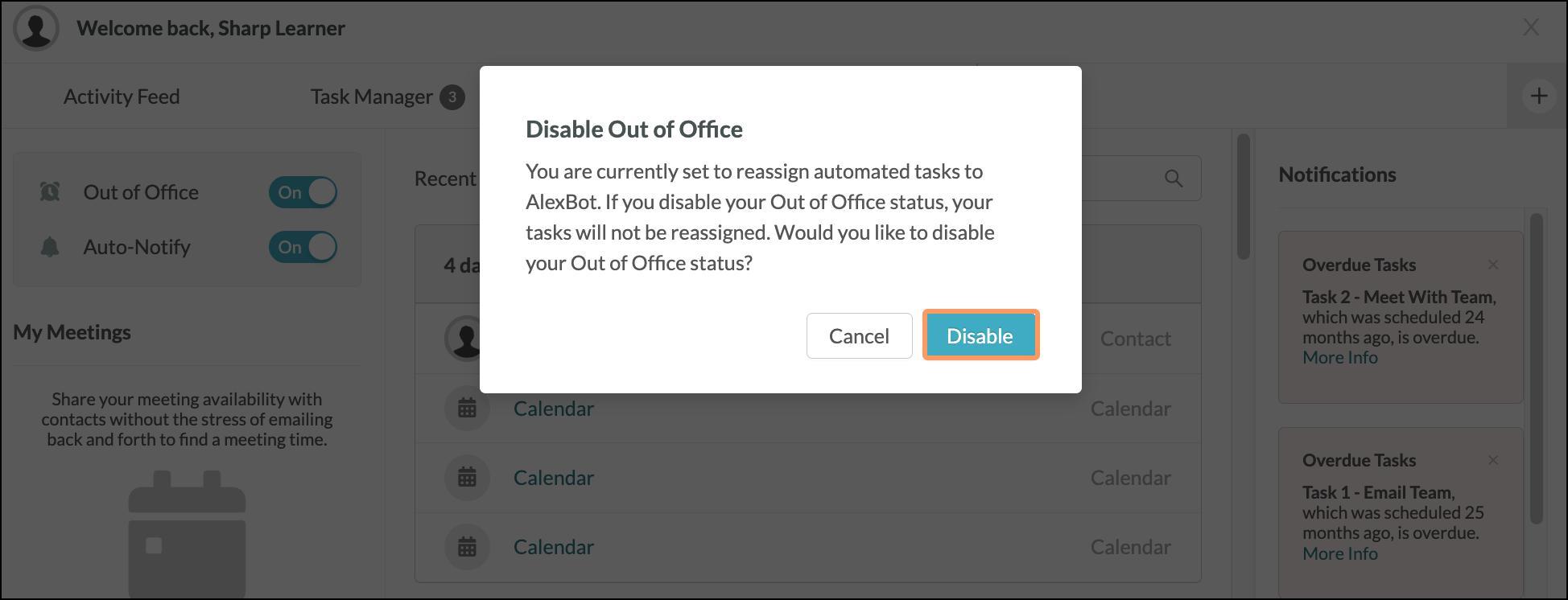 Disable Out of Office confirmation pop-up