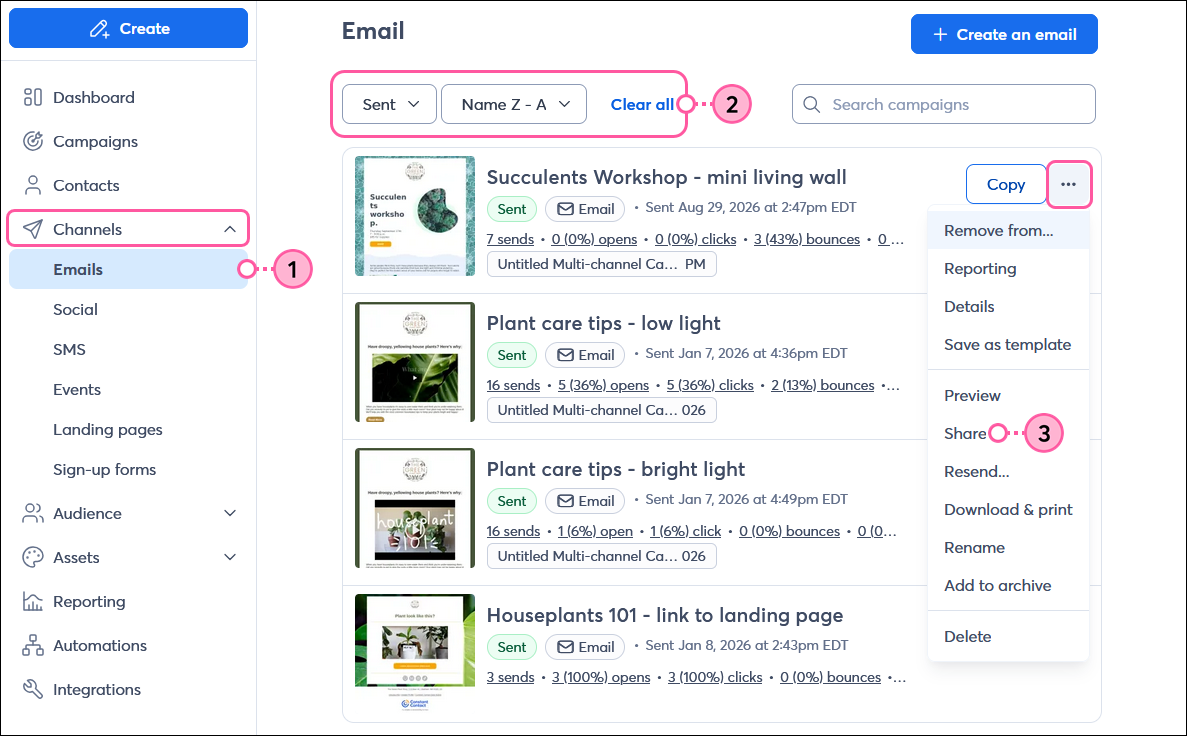 Left-hand menu with Channels menu expanded and Emails option selected, Email page with Sent filter selected, sent email with menu expanded and Share option selected