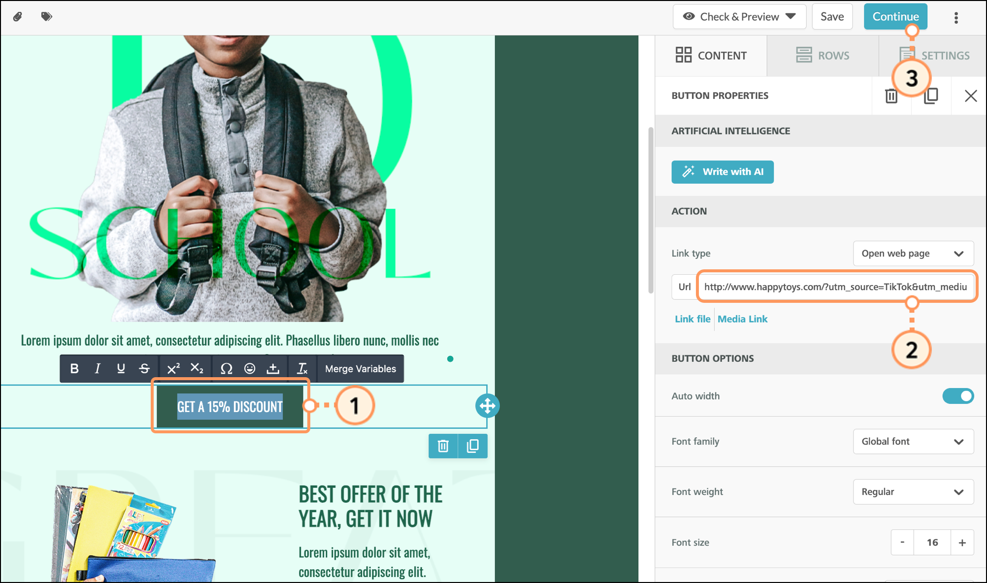 URL link field in the Content tab of email editor