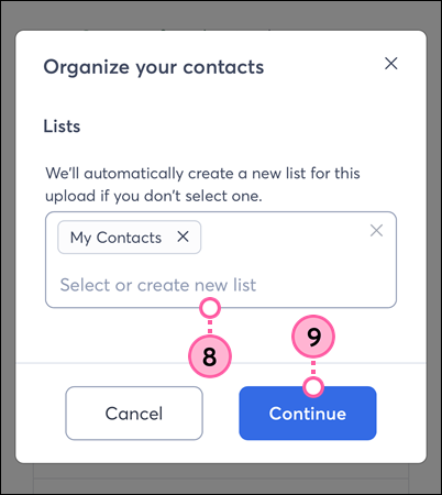 Constant Contact on mobile web browser, Organize Your Contacts pop-up, Lists selection, and Continue button