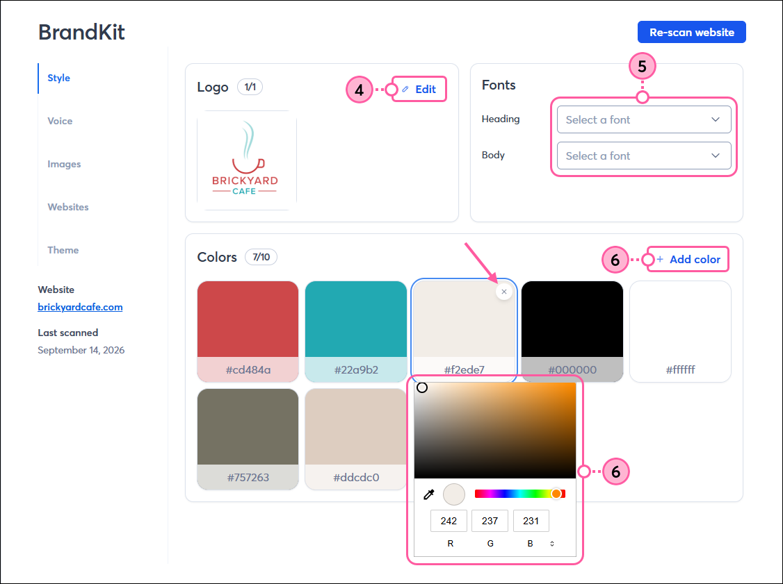 BrandKit, Style tab, Logo section with Edit link, Fonts section with Heading and Body text drop-downs, and Colors section with Add Color link, color palette expanded, and X to remove