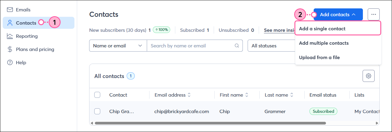 Left navigation with Contacts tab selected, Add Contacts button, and Add Single Contact drop-down option