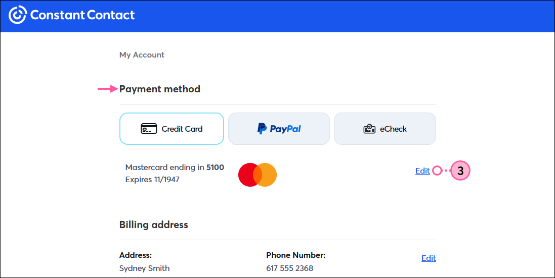 My account page with Payment method section, and Edit link