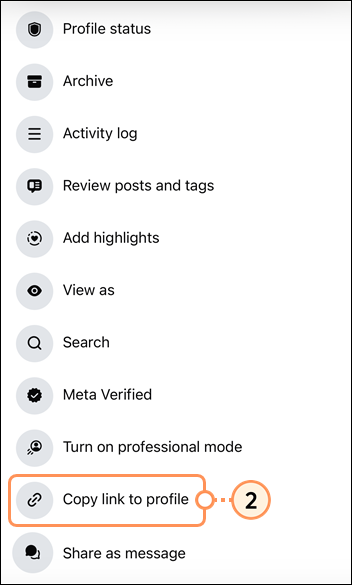 Facebook personal profile menu with Copy link to profile option selected