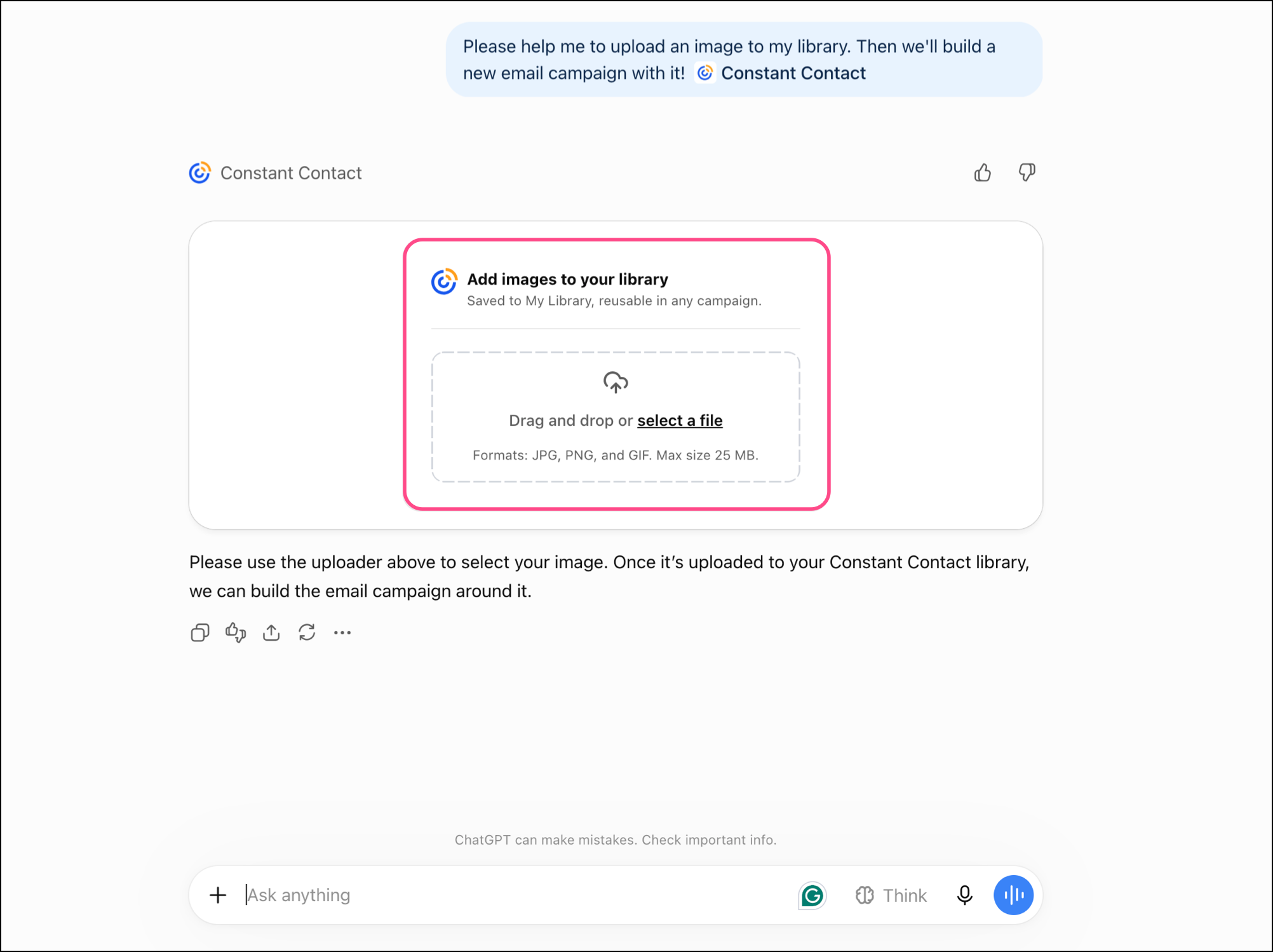 Constant Contact ChatGPT plugin image uploading widget
