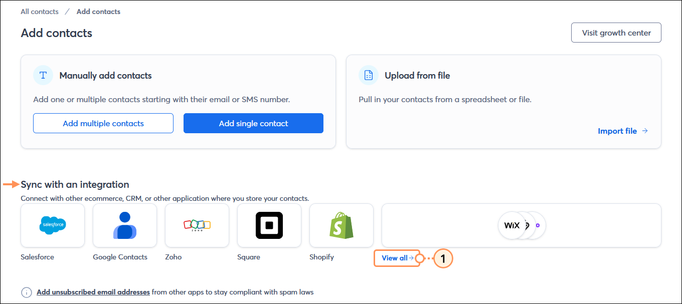 Add contacts page with Sync with an integration section and View all option