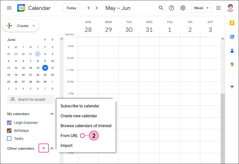 Google Calendar, Other calendars section, Add button and options menu expanded, and From URL option selected