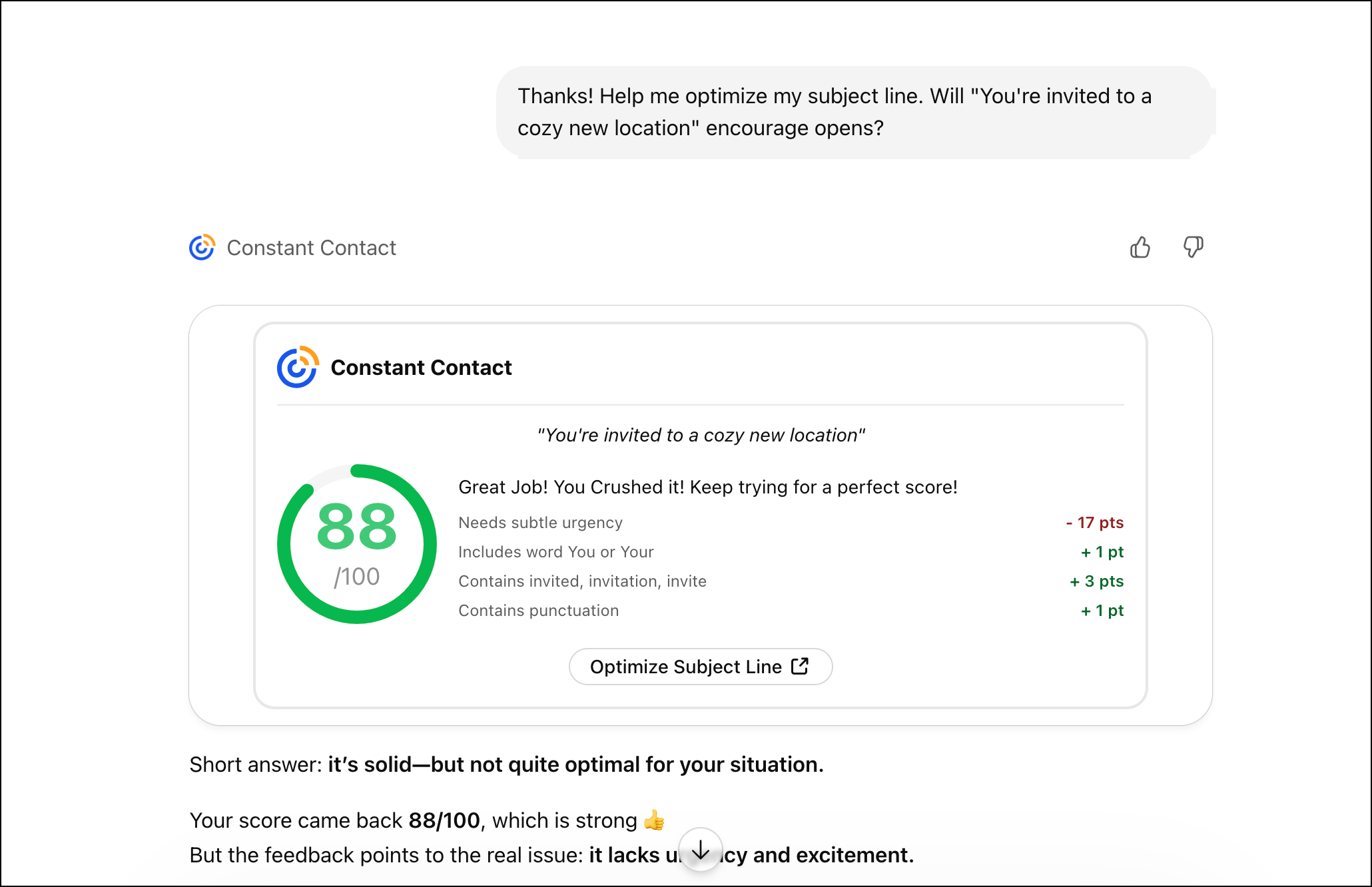 Analytics screen showing the results and improvement opportunities for a subject line