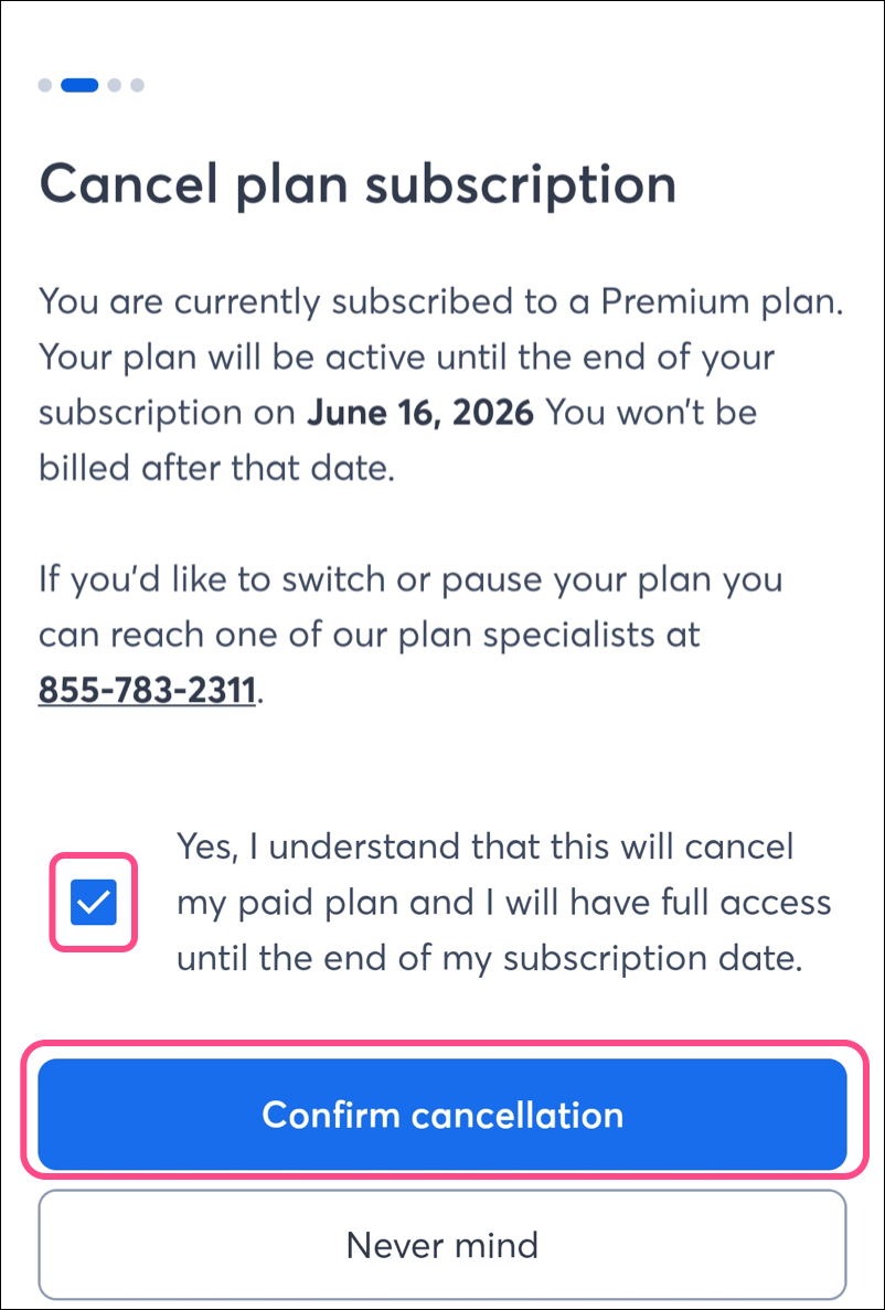 Checkbox and Confirm cancellation button on the cancel subscription page