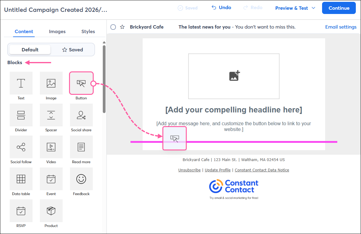 Email editor with Content tab selected, Blocks section with Button block being dragged and dropped into the template