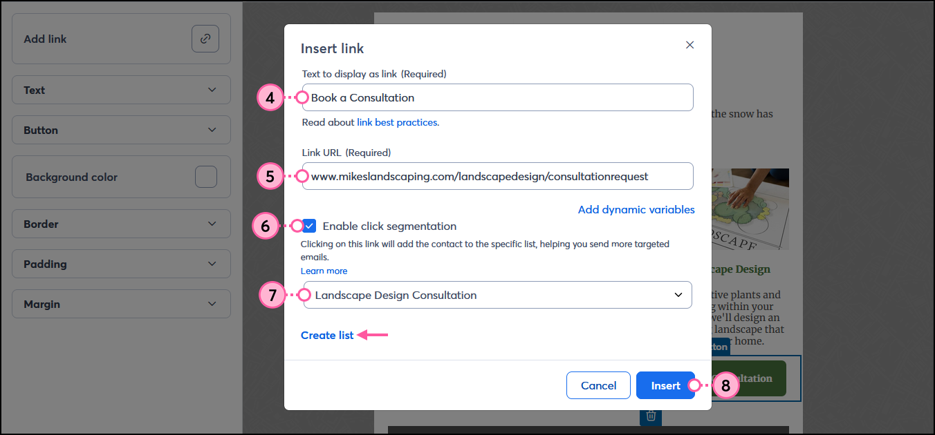 Insert link overlay with Link URL field, Enable click segmentation option, List drop-down menu and Create list option, and Insert button