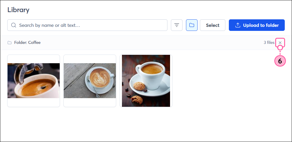 Library folder with images added and X option
