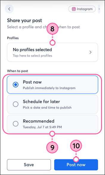 Share your post page with Profiles option, When to post option with Now selected, and Post now button