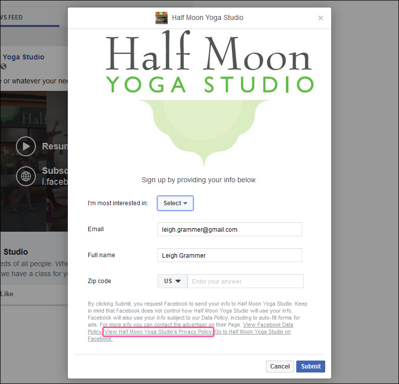 Facebook Lead Ad sign-up form example with Privacy Policy link in footer