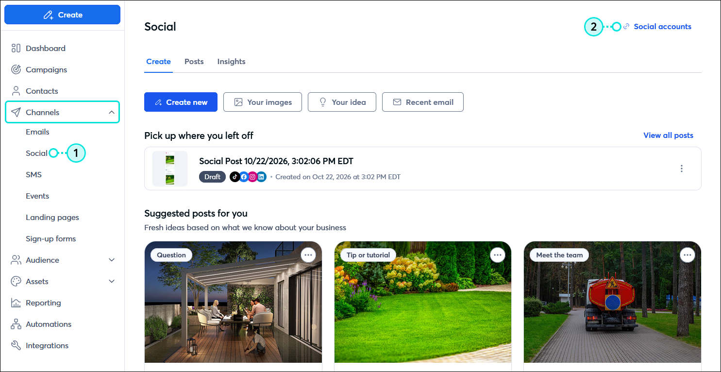 Channels menu expanded with Social poption selected, Social page with Social accounts link