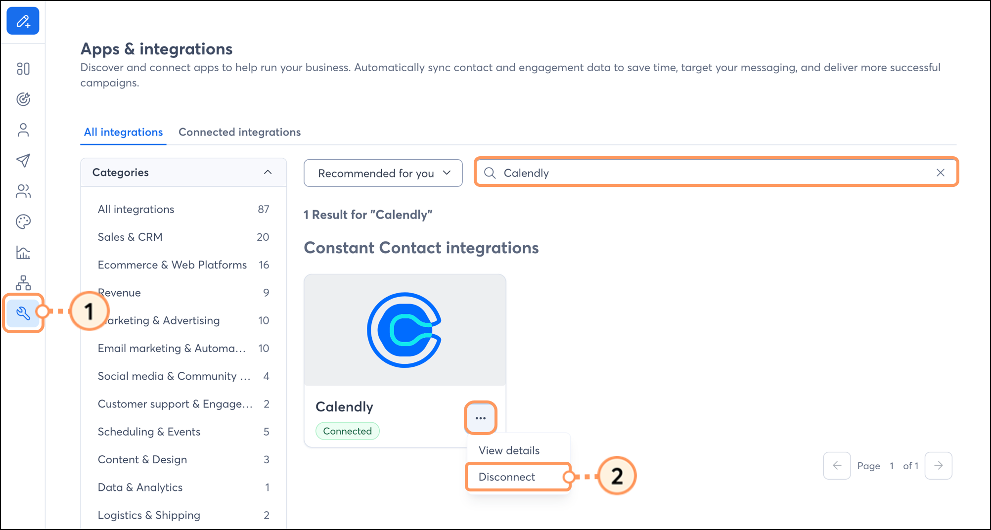 Disconnect button under the expanded three dots menu in Integrations