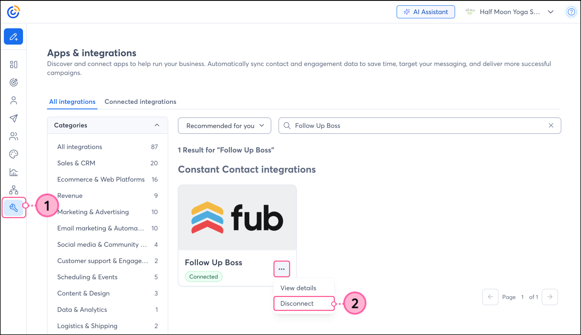 Follow Up Boss integrations card with expanded three dots menu displaying the Disconnect button