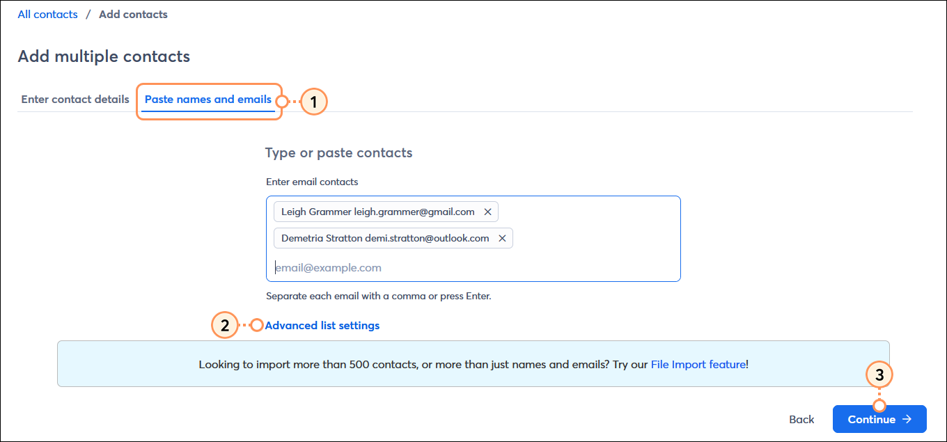 Add multiple contacts page with Paste names and emails tab selected, Enter email contacts field, Advanced list settings option, and Continue button