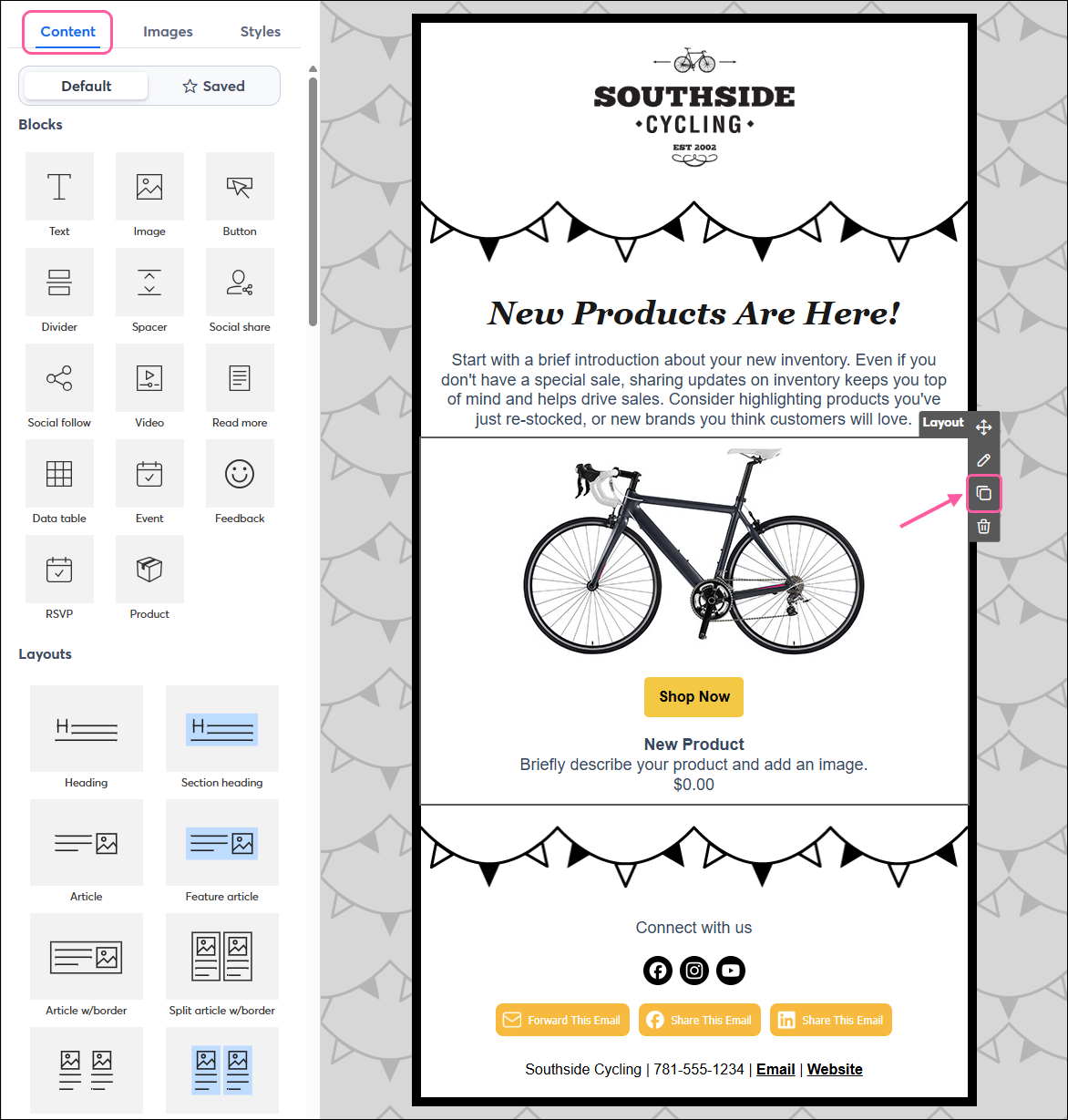 Email editor with Content tab and Layout controls with Copy icon