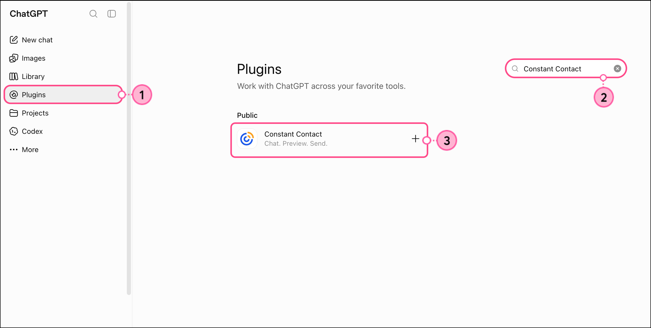 Plugin button in left side menu and Constant Contact app in the search results on the right