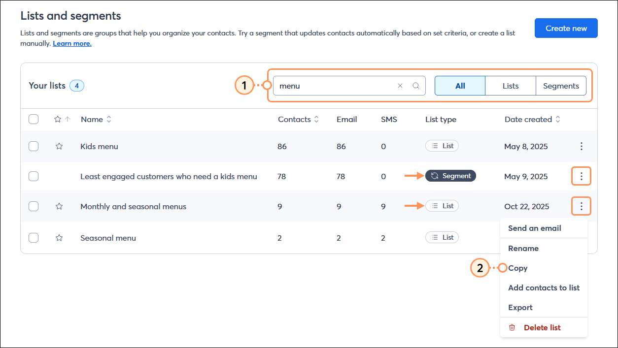 Lists and segments page with List type menu expanded and All list types option selected, and Search field with search term entered