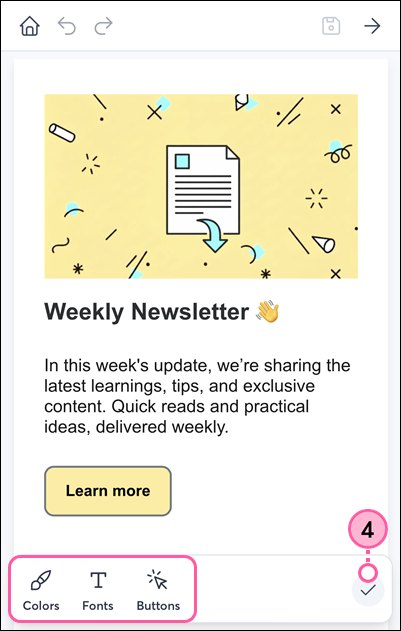 Mobile web email editor with Colors, Fonts, and Buttons options, and Check Mark icon