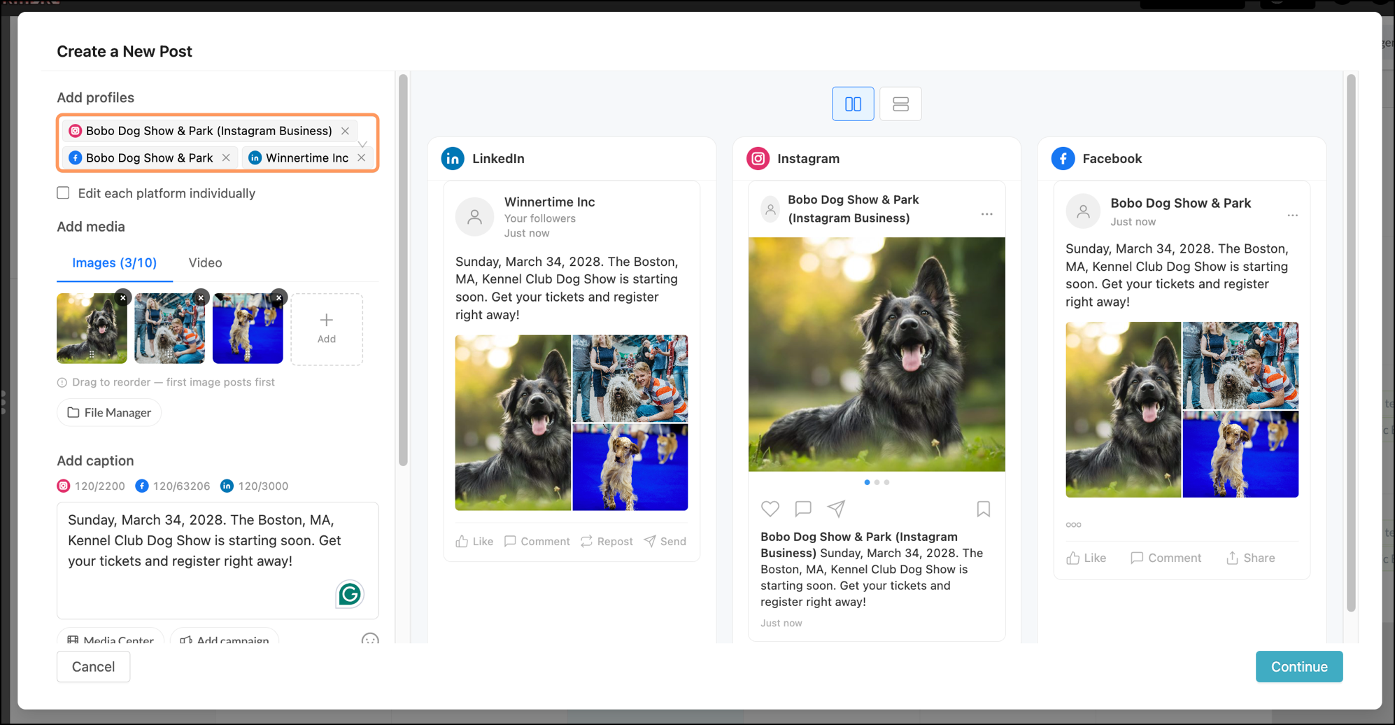 Create a new post pop-up with Instagram, Facebook, and LinkedIn social post in progress Create a new post pop-up with Instagram, Facebook, and LinkedIn social post in progress