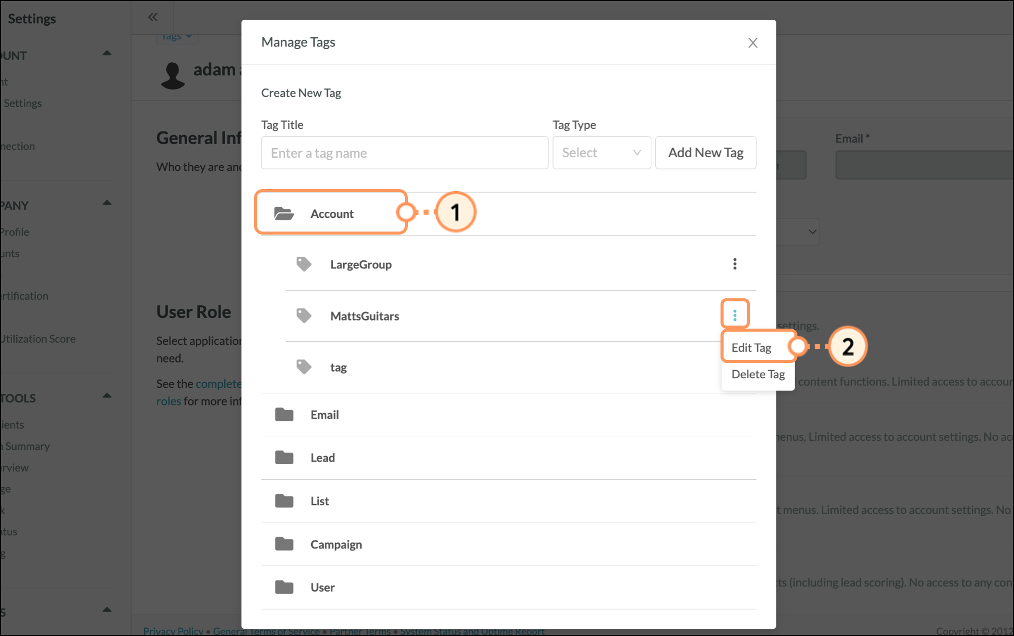 Expanded tag settings menu in the Manage Tags pop-up